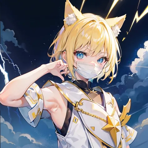 smileにして、Grow cat ears、Put on a battle mask、More lightning in the background、Change the gold to light blue、Shoulder out、太いlightningが何本も見える、Short Hair、lightning、There&#39;s a lot of lightning、smile、Dye your hair pink、With one person、Add a line of light to t...