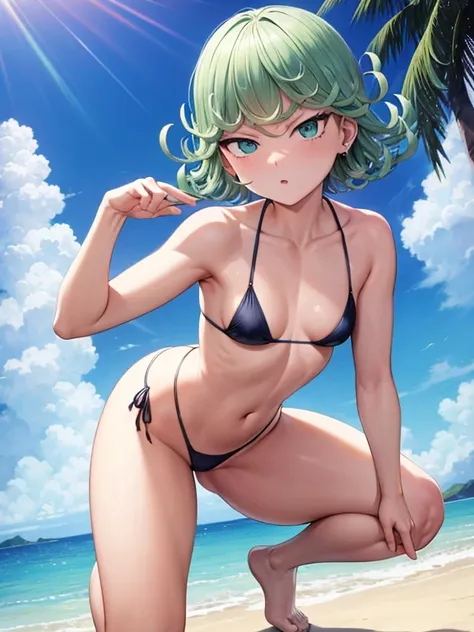 Tatsumaki, small breast, piercing gaze, in the beach, sexy bikini, full body, doggy style pose, big butt, seductive legs