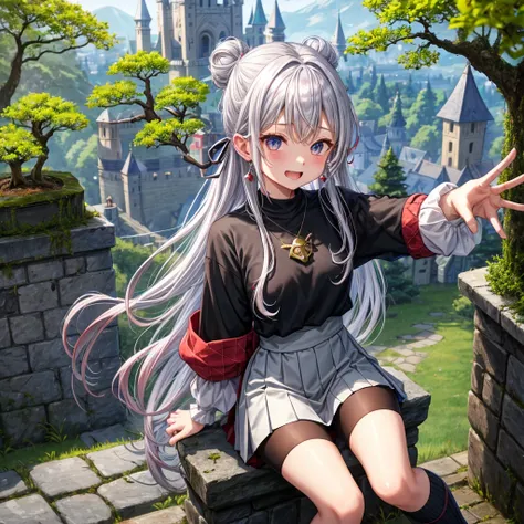 Rainbow red and silver hair、Rainbow Eyes、Wavy Hair、Hair tied up、Two cute、Checked mini skirt、Black T-shirt、Long sleeve、Food、Black knee-high socks、Teeth are visible、Monster Castle、Tilting face、lawn、In front of the city gates、The stone is cracked、Uneven groun...