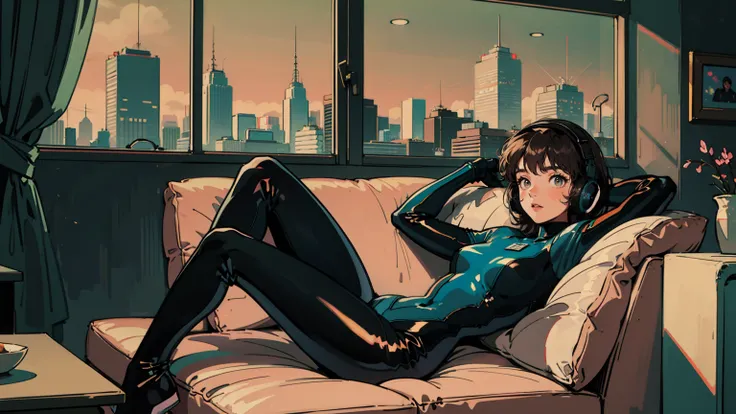 Best Quality, 8k, 1990s Style, Beautiful girl, Black Hair, Long Hair, Light brown eyes,lofi, Wearing a rubber catsuit、Put on latex gloves,Girl with big headphones ,Relaxing on a black leather sofa by the window in an apartment at night,The city skyline is ...