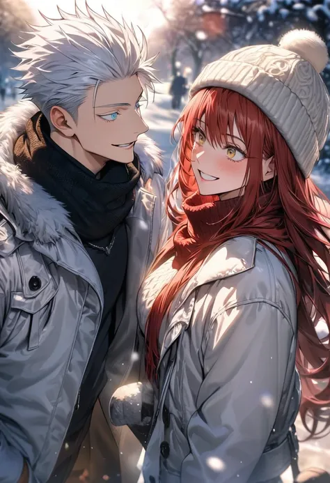 absurdres, highres, ultra detailed, HDR, master piece, couple, 2 people, 1 man, handsome, Gojou Satoru, white hair, black blindfolded, Jujutsu Kaisen, with girlfriend, 1girl,  long hair, red hair, golden eyes, wearing winter hats, scarves, and winter glove...