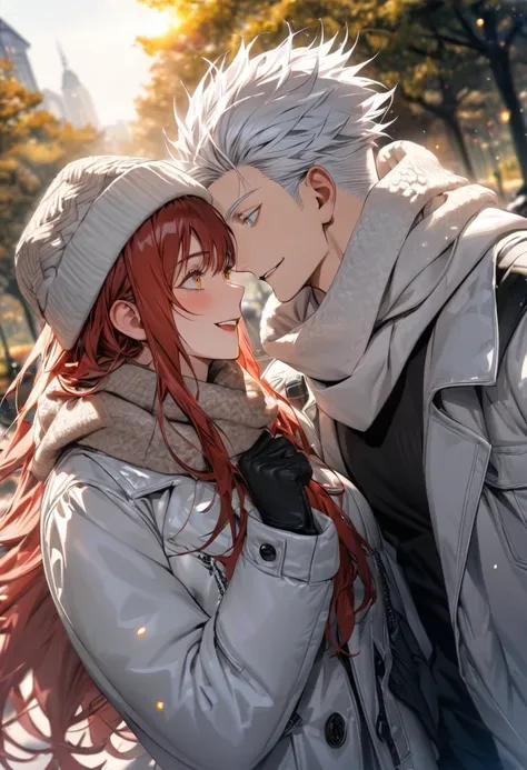 absurdres, highres, ultra detailed, HDR, master piece, couple, 2 people, 1 man, handsome, Gojou Satoru, white hair, black blindfolded, Jujutsu Kaisen, with girlfriend, 1girl,  long hair, red hair, golden eyes, wearing winter hats, scarves, and winter glove...