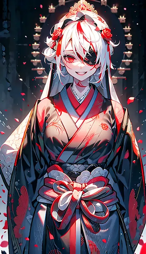 Veil over the head, red and black kimono, upper body show, smile, canine teeth, blood on ground and clothesOpen Mouth, white hair, hair between the eyes, High Resolution, Anatomically Correct, Best Quality, blindfold, upper body show