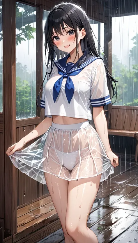 Best Quality, Great quality, 16k, Unbelievably absurd, Very detailed, delicate and dynamic, Create amazing image effects、receive、Embarrassed、smile、blush、sweating、soaked、(Black Hair、cute、passion、dynamic、Wet and transparent sailor uniform、Wet and transparent...