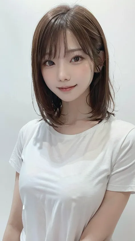 (masterpieceBest Quality,:1.2), One girl, (Alone:1.3), White shirt upper body, Short sleeve, , (Wife, Realistic, Real Life, Exceptional, Best aesthetics, new, newest, Best Quality, masterpiece:1.2), soft_照明soft_skin_tone, Female_hair, (White background Sim...