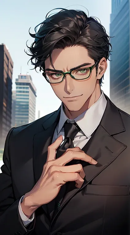 (1 man, mature, very handsome, beautiful skin, expressionless smile, short gray black hair, green eyes, sharp eyes, perfect face, businessman, CEO, office background, cinema lighting, HDR, wearing glasses, tie)