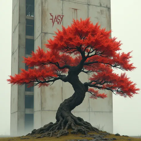 Old red Japanese maple bonsai tree crossing a building .style Simon Stålenhag + graffiti lettering STAR