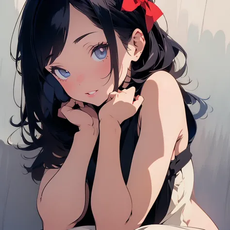 (masterpiece, best quality), beautiful girl, seductive lady, sexual girl, sexual :, liar, (detailed beautiful eyes) medium shot, short black hair, Red ribbon((absolutely naked:1,8)), ultra detailed blue eyes