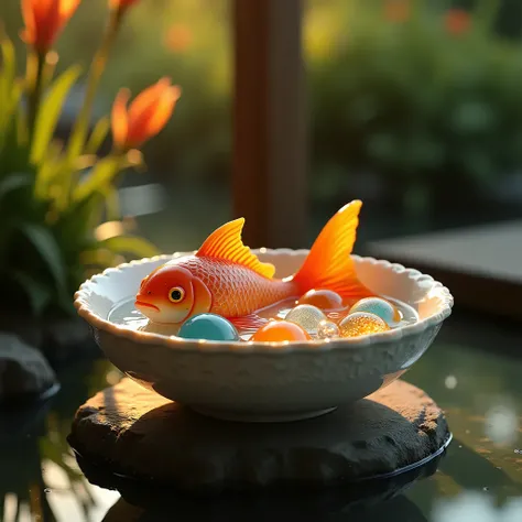 A peaceful Japanese garden with a ceramic goldfish object placed in a ceramic dish resembling a fishbowl, filled with colorful marbles. The scene is illuminated by warm lighting, creating a serene and nostalgic atmosphere. The ceramic goldfish features int...