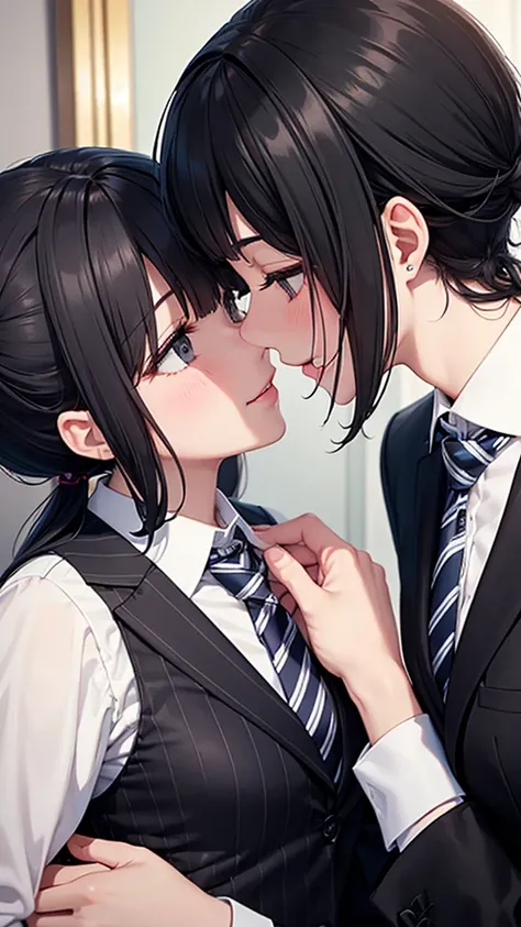 Two women pressing lips together in black, premium striped suits　tie　smile