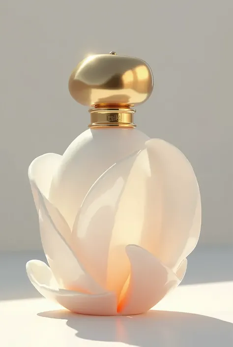 Perfume packaging where the bottle says Eternal Elegance which is elegant and minimalist, with a design reminiscent of the shape of a flower in full bloom. The glass has a soft and translucent tone, evoking the delicacy of magnolia petals, while the gold l...