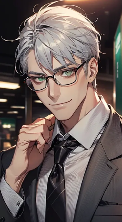 (1 man, mature, very handsome, beautiful skin, expressionless smile, short gray silver hair, green eyes, sharp eyes, perfect face, businessman, CEO, office background, cinema lighting, HDR, wearing glasses, tie)