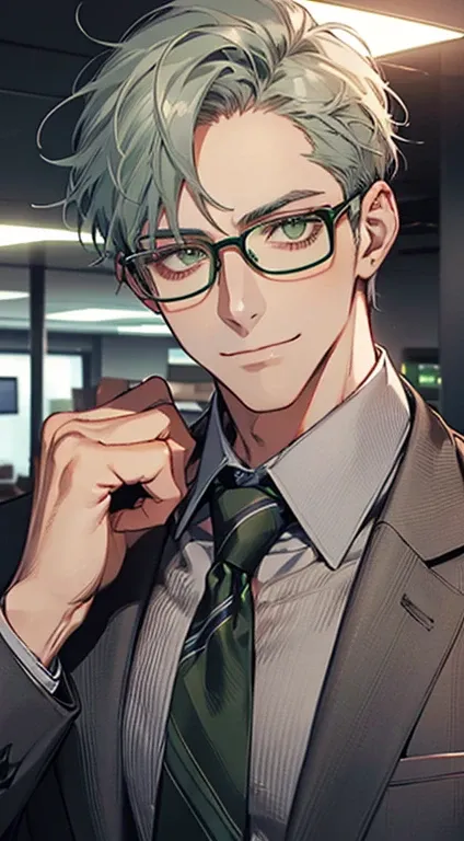 (1 man, mature, very handsome, beautiful skin, expressionless smile, short gray green hair, green eyes, sharp eyes, perfect face, businessman, CEO, office background, cinema lighting, HDR, wearing glasses, tie)