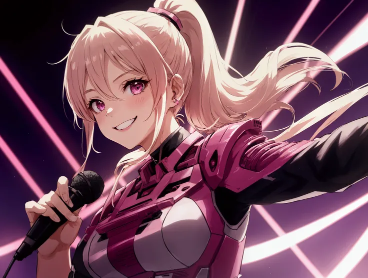 1 Adult woman, ponytail blonde hair, pink eyes, mecha cloth, holding microphone, smile, concert