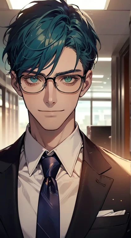 (1 man, mature, very handsome, beautiful skin, expressionless smile, short blue hair, green eyes, sharp eyes, perfect face, businessman, CEO, office background, cinema lighting, HDR, wearing glasses, tie)