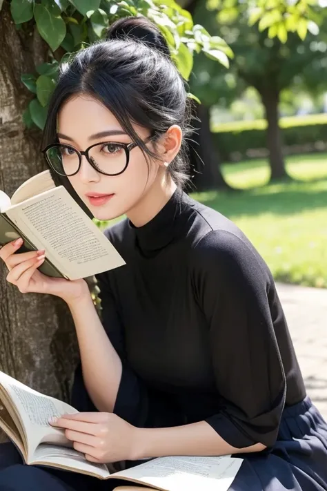 Best Quality　Close distance　Super beautiful woman　Glasses　Long skirt　Glamorous Body　Holding a book in both hands　Black Hair　ponytail　sit under a tree and read a book