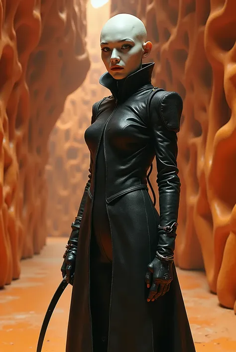 a japanese female assassin in a tight leather combat suit, alien-like appearance inspired by hr giger and zdzislaw beksinski, holding a curved knife, in an ochre colored room with vaulted corridors decorated with organic curved relief forms, high-tech rese...