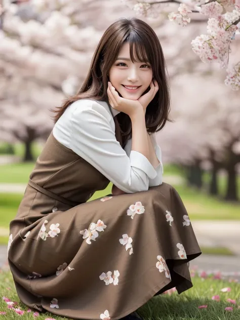 photo-realistic quality、japanese idol woman sitting on the ground in front of a tree, pink tops、semi-long skirt under the cherry...