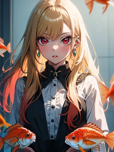 Goldfish scooping, (masterpiece), highest quality, Kitagawa Marin, 1girl, blonde hair, long hair, multicolored hair, red eyes, jewelry, earrings, piercing, UHD, retina, masterpiece, accurate, anatomically correct, textured skin, super detail, high details,...