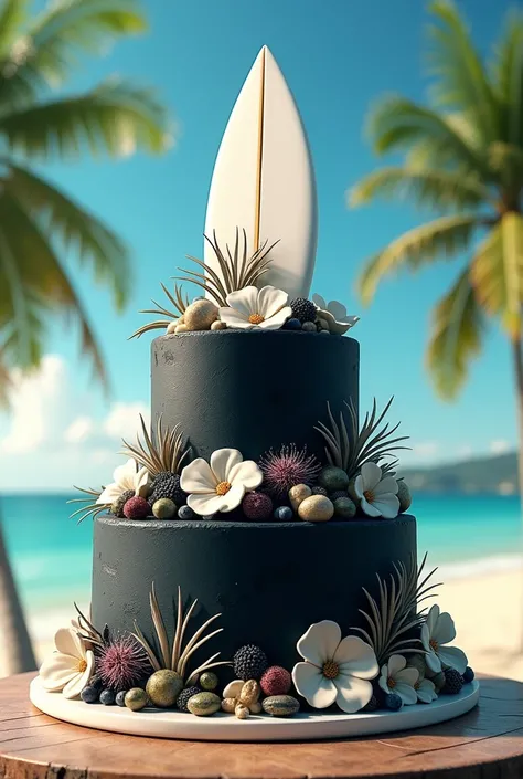 Black color double sizecake with white surf board 