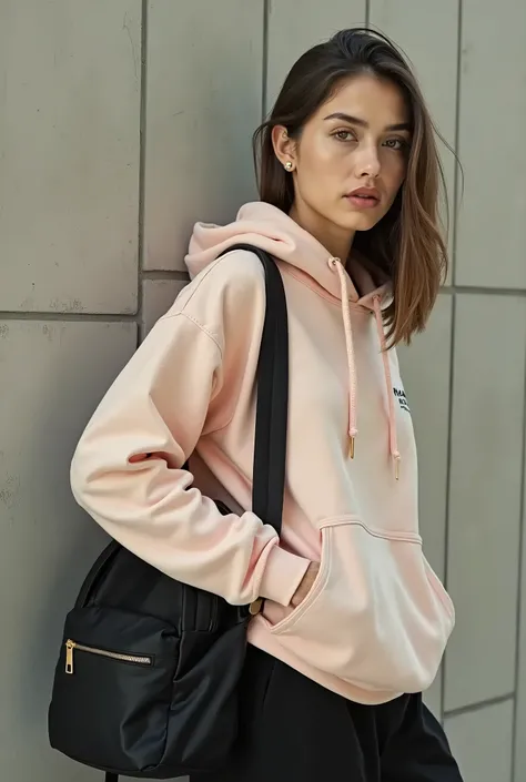 uma mulher jovem com um moleton rosa e uma mochila esportiva preta em pé contra uma parede, usando um capuz rosa pastel, vestindo um moletom rosa, ela está vestindo streetwear, wearing an moletom oversized, mulher em streetwear,  vestindo moletom, cute rou...