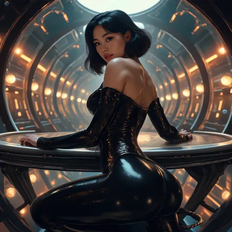 Integrating science fiction and futuristic elements. Axisymmetric composition, a perfect-body beautiful Korean girl is smiling, solo in the center of the photo, viewed from behind and looking back, with an axially symmetric lower body pose, and perfect but...