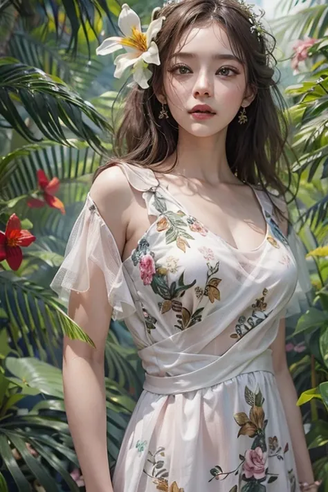 masterpiece: 1.2, Portraiture, Best Quality), Realistic, (live-action, Intricate details, Written boundary depth), Best Quality, masterpieceAttention to detail, Realistic, Near a tropical forest with colorful flowers. White dress and white shoes、Perfect Fa...