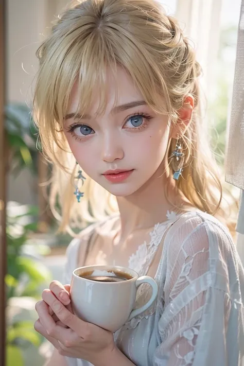 masterpiece: 1.2, Portraiture, Best Quality), Realistic, (live-action, Intricate details, Written boundary depth), Best Quality, masterpieceAttention to detail, semi-Realistic, 朝にDrink coffee , shy, 2, Short blonde, blue eyes, blonde、 Slim figure、Shoulder ...