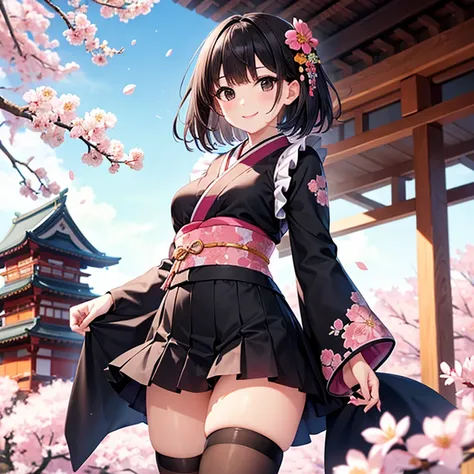 One girl、smile、Short black hair、(Black Eyes)、Small breasts、(frilled Thigh ring:1.2)、Black and pink floral mini kimono、Beautiful thighs、In front of a Japanese castle and cherry blossoms