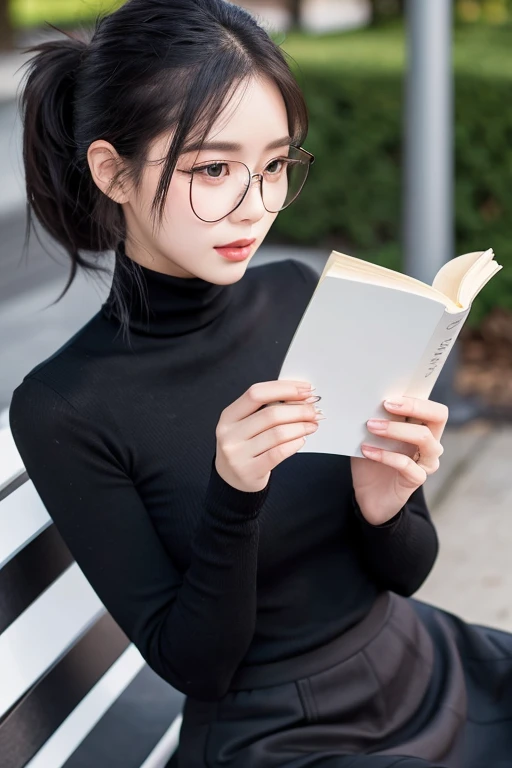 Best Quality　Close-up of face　Super beautiful woman　Glasses　Black turtleneck　Black long skirt　Glamorous Body　Holding a book in both hands　Black Hair　ponytail　Sit on a public bench