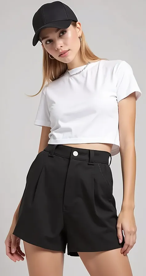 a young woman wearing a white top curtoand shorts preto, with cut t-shirt, wearing a crop top sexy, wearing a crop top, wearing a crop tops, top curtowearing top curtowearing shorts preto, dressed in a white t-shirt, croptop, shorts preto, wearing a top cu...