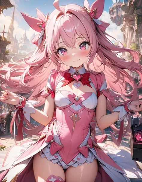 ((masterpiece)), ((highest quality)), (Super detailed), ((cute)), cute, (Lovely), ((sexy)), (device), ((Very detailed)), 4K, (8k), highest quality, (beautiful), One girl, , Shiny skin, Pink Hair, Long Hair, Both sides up, Pink Eyes, Magical girl, , Small b...