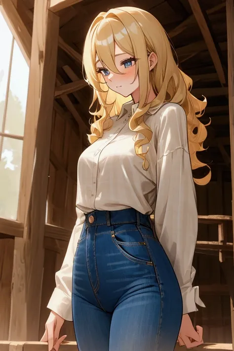 Woman, mature, shoulder length hair, curly hair, blonde hair, flannel shirt, long sleeve, blue jeans, tight fitting, standing, in a barn 