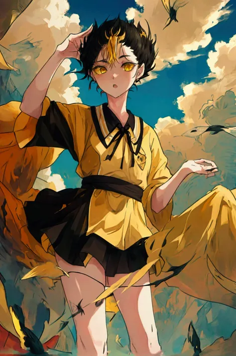 1.5),(1 girl),(dynamic pose),(multicolored hair black hair+yellow hair:),(golden yellow  eyes),(neck ribbon),(floating),(cloud),(too many drops of water),(twilight),(watercolor),(wide shot)