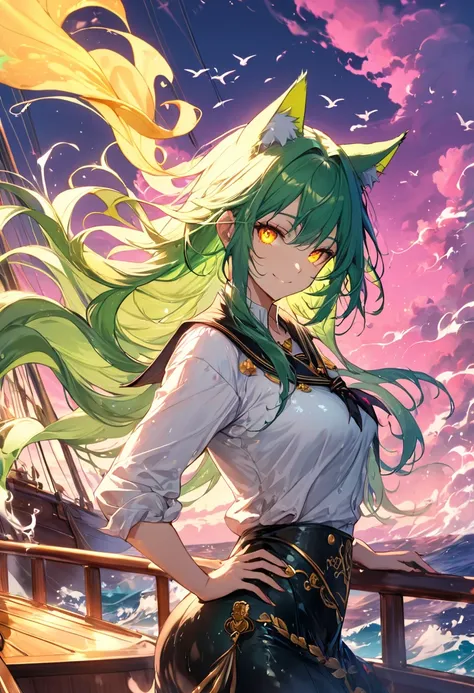 1girl,long green hair,cat ears,fantasy, white shirt with gold intricate pattern, yellow glowing eyes, ((on the deck of a sailing...