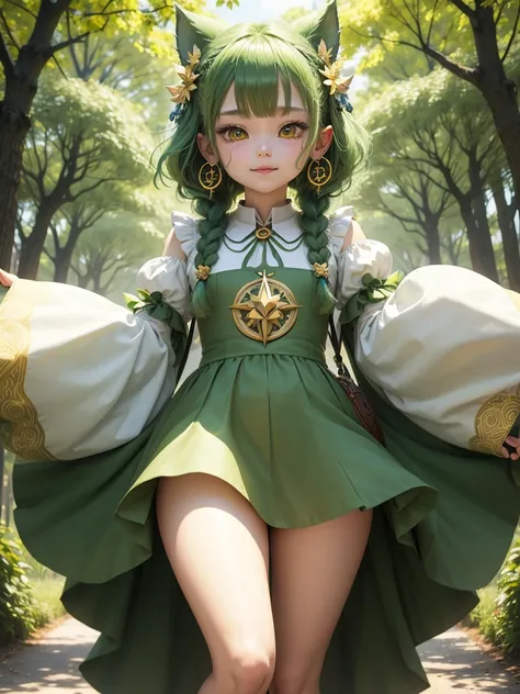 cutel little spirit、Puff sleeves、Look at, tree spirit、compass、Leaf dress、Anatomically correct, Green Hair, Double braid, Hoop Earrings, Golden Eyes, Eyes are symbols, happiness/joy, leafっぱ、leaf、leafっぱの洋服