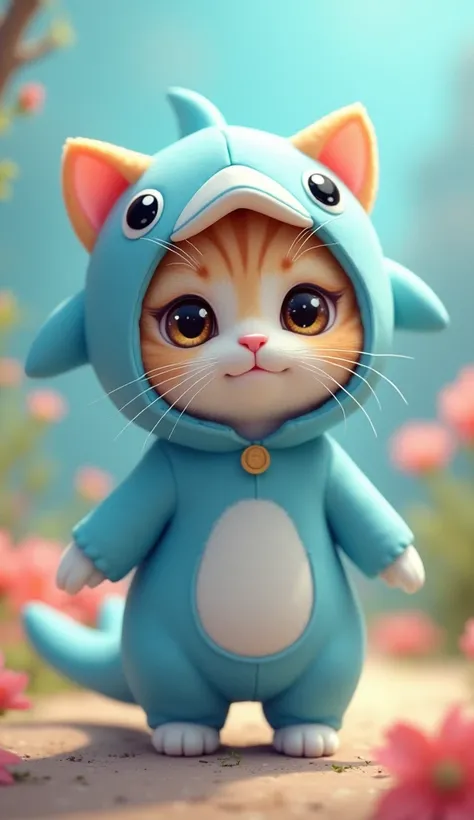 Cute cat，Touch of Anime，Dolphin Costume, Wearing a blue frog costume