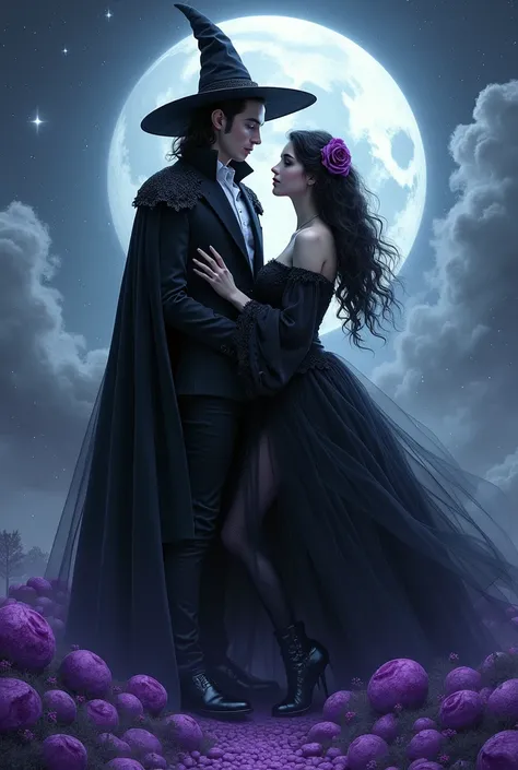 Beautiful witch in black dress and witch hat, she has white skin, very light brown eyes, wavy black hair, voluminous dress with full leather leg parts, next to her is a very handsome man in vampire cape looking good, background is clouds and stars and beau...