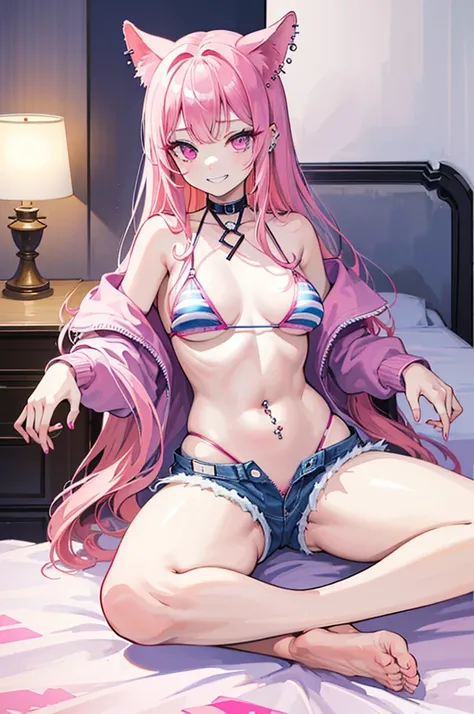 ((masterpiece、Highest quality、Very detailed))、One Girl、Pink Hair、Long Hair、Wavy Hair、Pink Eyes、evil smile、((Grin))、((lots of piercing))、Small breasts、((Zebra print bikini))、((navel piercing))、((denim short shorts))、curvy、whole body、On the bed、sitting、knees...