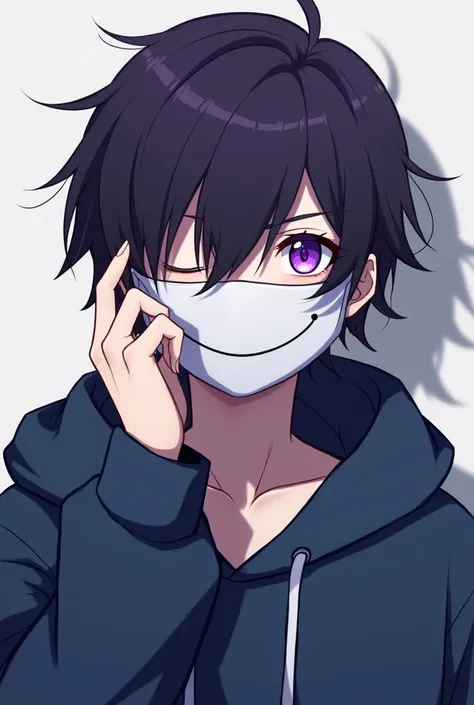 Anime Men,Dark purple hair,He was putting on a white smiling mask with his hand, but only his left eye was visible.,Wear a blue hoodie,Purple eyes