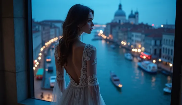 ((Best Quality)), ((masterpiece)), (detailed), One girl, sexy, Russian girls, She is wearing a long white sheer lace dress, I can only see your back, View of the canals of Venice, Italy, View the night view, View the night view from the bath, High-rise apa...