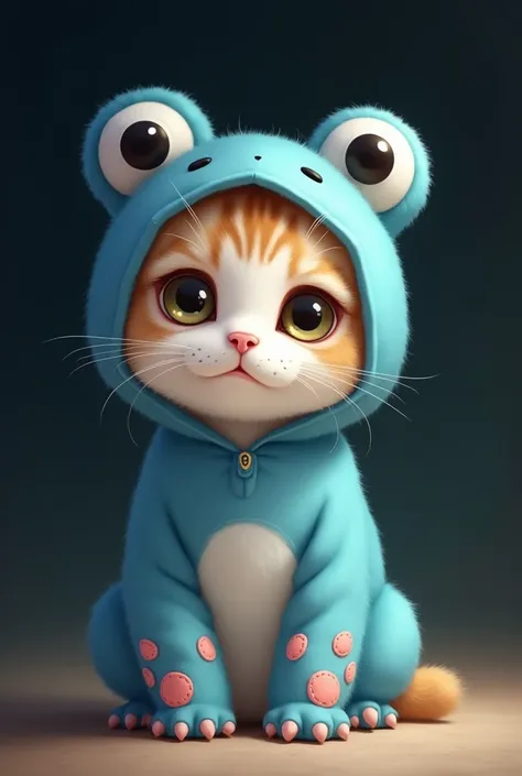 Cute cat, sit，Touch of Anime, Wearing a blue frog costume, Behind the black