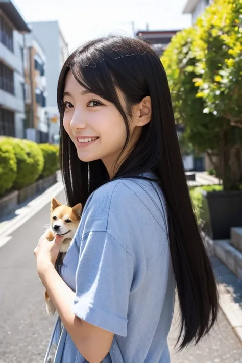 A lively Japanese girl about  with long black hair.。Small face and modest eyes、Thin Nose、Jaw clenched.、natural women photos　Smiling and laughing　A relaxed and natural smile　profile　Holding a Shiba Inu puppy、うつむいて子犬を見つめてる笑顔のprofile