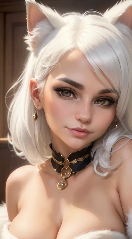 anthropomorph, catgirl, furry, yiffy, white fur, white hair, looking at camera, ((extremely beautiful detailed face)), ((sweet cute face)), ((((sweet face)))), medium breasts, cleavage