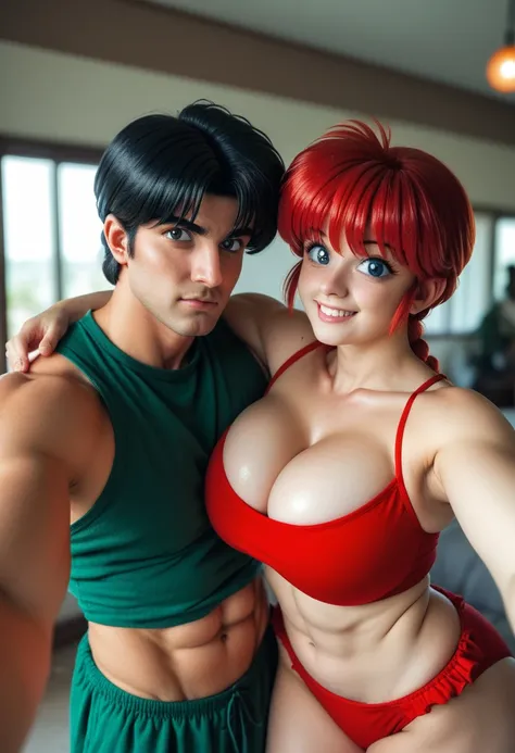 1 boy and 1 girl, a couple selfie, hug, selfie, ranma girl and ranma boy in a selfie, ((Ranma Chan, redhead girl, huge breast, big ass, thick thighs, wide hips))(a couple selfie)((Ranma Saotome, male, handsome man, abs, black male hair))(ranma girl and ran...