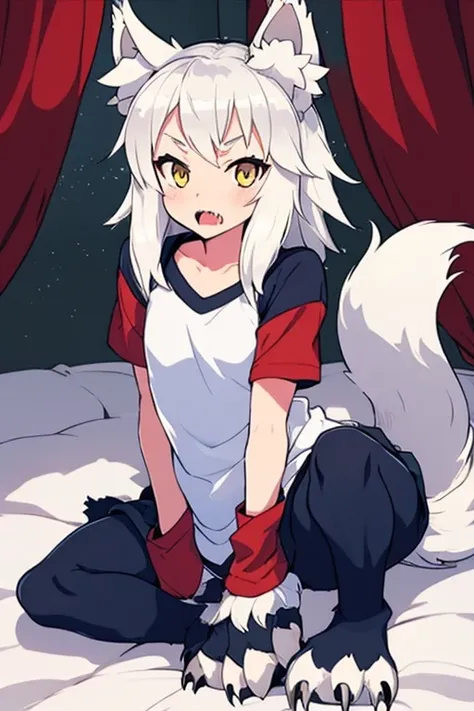 wolf girl、(human arm)、(four wolf paws)、quadrupedal、delicate、delicate顔、wolf ears、silvery white hair and fur、flat chest、t-shirts、s...