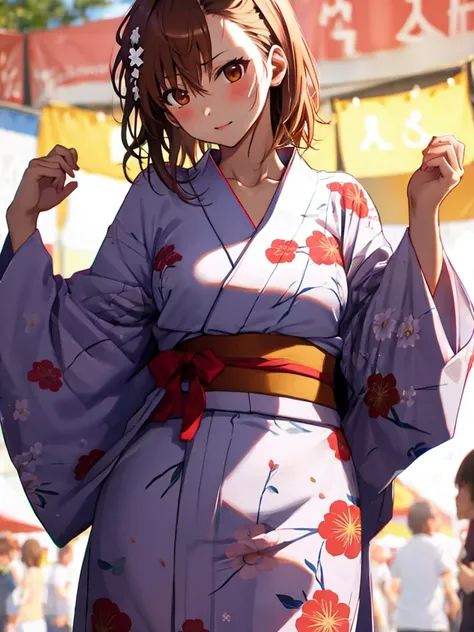 (Misaka Mikoto), The background is a festival, yukata, one girl, UHD, retina, masterpiece, accurate, anatomically correct, textured skin, super detail, high details, high quality, best quality, highres, 8k