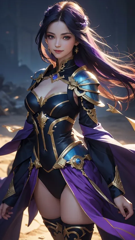 (best quality, ultra-detailed, photorealistic:1.4, absurdres), (wearing a battle mage armor, with dark blue, purple and gold collors), bright and vibrant colors, studio lighting, playful expression, stylish makeup, Outstanding proportions, Dusk, hair flowi...