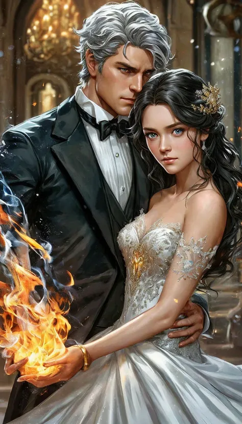 Image of a young princess in a wedding dress holding water and a guy in a tuxedo holding fire, in anime style, A grey-haired prince with fiery eyes and a dark-haired girl with blue eyes, a wise look, cushart krenz key art female, official art, Official cha...