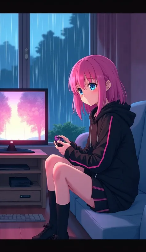 masterpiece, Best Quality, High resolution, Very detailed,(((Pink Hair Girl))), (((Black hoodie)))、(((smile))), (((mini skirt))), (((indoor))), (((windowの外で大雨が降っている))), (((In a dark room))), (((Playing games))), (((Flat-screen TV))), (((Black socks))), (((...